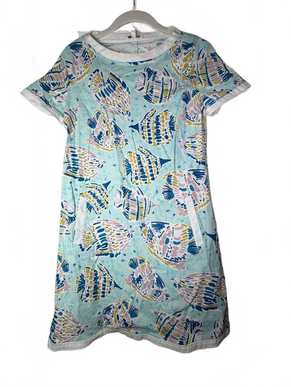 Tyler Boe Blue Tropical Fish Print Shift Dress Sz 2 Beach Coastal Summer